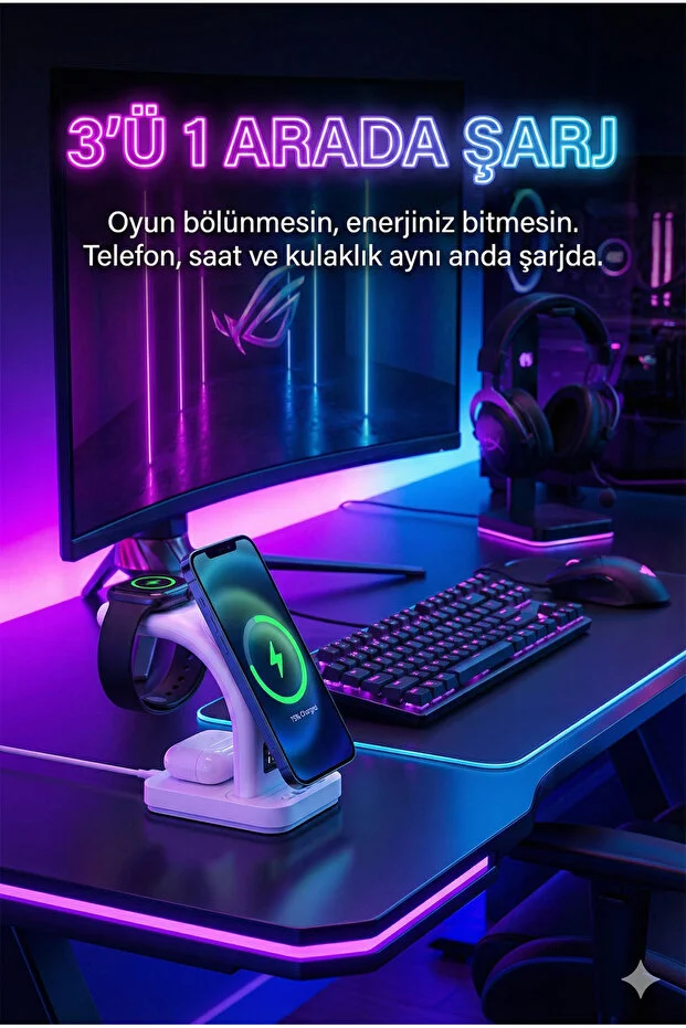 Magsafe Destekli Kablosuz Hızlı Şarj Stand 3 in 1 Apple iphone Android Uyumlu Led Alarm Saat